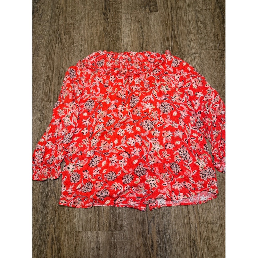 Democracy Red Floral Paisley‎ Ruffle V-Neck Button Front Blouse Large Boho L - Picture 5 of 6